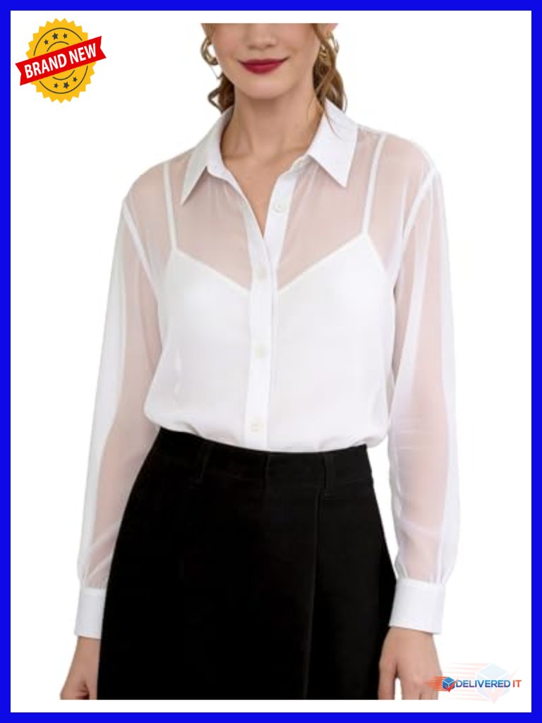 Sheer Button Down Blouse Long Sleeve Chiffon Tunic See Through Elegant Tops